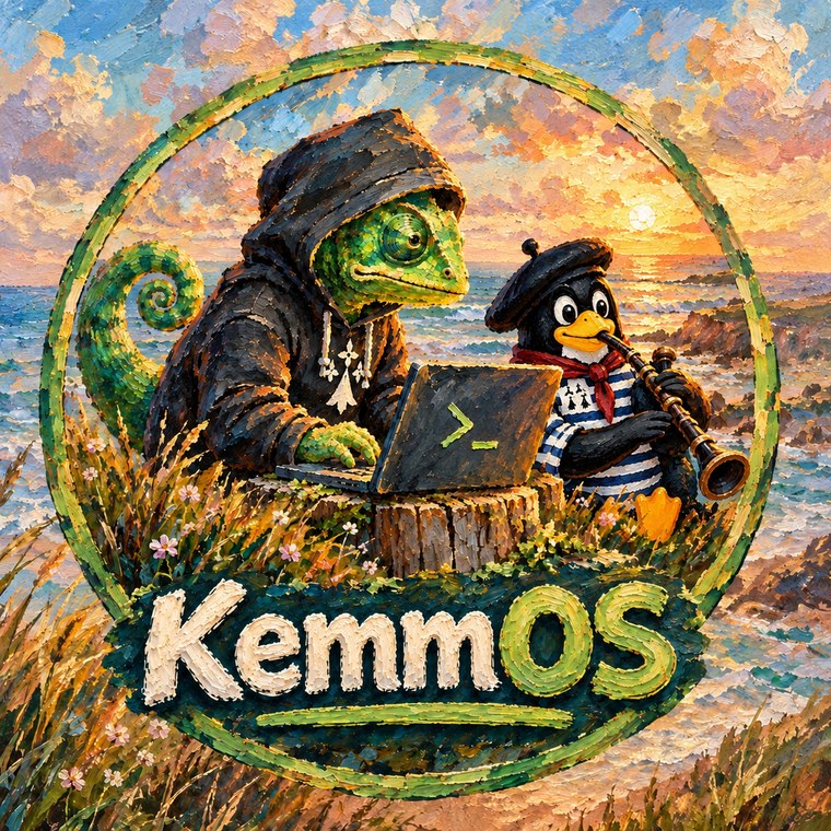Mascotte KemmOS : un caméléon développeur accompagné d'un ami manchot breton, au coucher de soleil